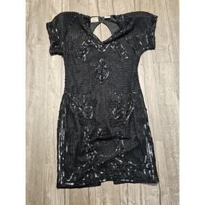 Vtg Black Beaded Sequin Stenay Mini Silk Dress Size 6 Whimsigoth Flapper LBD